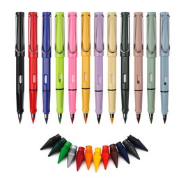 Pack of 12 Perpetual Pencil Colouring Pencils, with 12 Replacement Tips, Reusable Infinite Pencil, Unlimited Writing, Replaceable Graphite Pencil, for Student Artist Drawing Writing