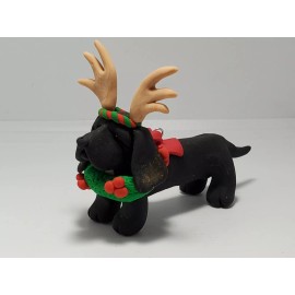Celtic Forest Clay BASSET HOUND Christmas Ornament WREATH/ANTLERS Polymer Clay HAND MADE Black