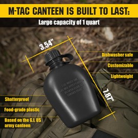 M-Tac Canteen Water Bottle - 1 Quart Water Canteen (34 Oz/1L) - Tactical Water Bottle for Military Hiking Camping Survival (Black)