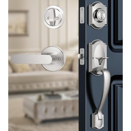 Calzibeno Front Door Lock Set, Brushed Nickel Front Door Handle and Deadbolt Set, Vintage Exterior Door Lock Set, Front Door Handle with Single Cylinder, Reversible for Right & Left, Satin Nickel