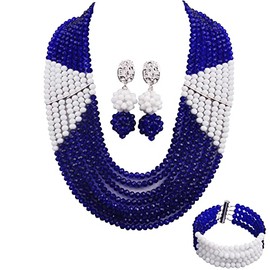 aczuv 8 Lines Statement Strand Necklaces Nigerian Wedding African Beads Jewelry Set Crystal Bridal Jewelry Sets (Royal Blue White)