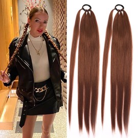 Ponytail Extensions 2 PCS Synthetic With Hair Tie Wrap Around Hair Braid Extensions Natural Soft Rubber Band Hair Ring 26 Inch Ombre Braid DIY