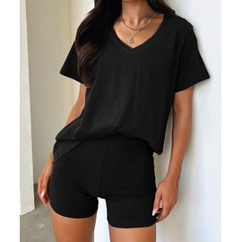 ABINGOO Two-Piece Women's Summer Short Loungewear Set V-Neck Oversize Shirt + High Waist Sports Shorts Jogging Suit Leisure Set for Yoga Fitness Leisure Suit, black, L