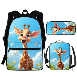 Pointodoor Giraffe Cute Schoolbag Backpack Lunch Bag Pencil Case 3Pcs Set for Students Lightweight Elementary Kindergarten Preschool School Bag for Boys Girls 8-12