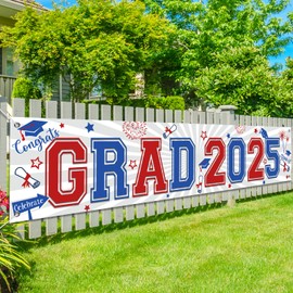 Red Blue Graduation Yard Sign Banner Party Decorations Class of 2025, Large Red White and Blue Congrats Grad Banner, Graduation Banner Yard Sign for Graduation Party Supplies