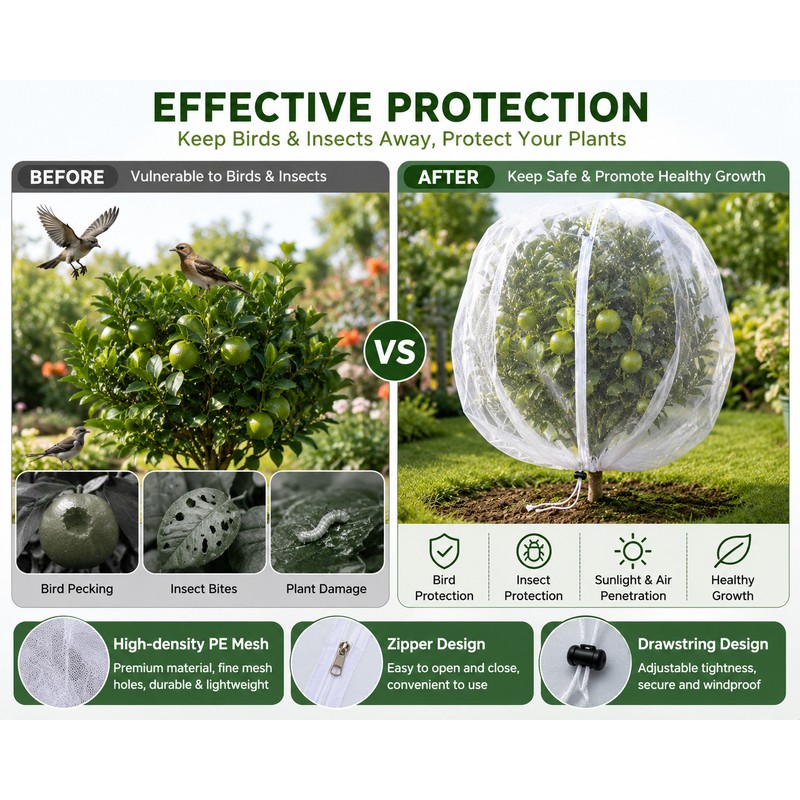 2-Pack White PE Garden Netting with Drawstring, Protective Mesh Covers