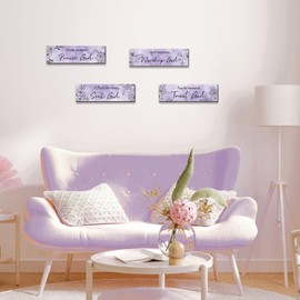 ZINYAZHE 4 Pieces Purple Wall Decor for Girls Purple Bathroom Decor Floral Wooden Hanging Wall Art Women Bedroom Sign with Inspirational Quote Inspirational Decoration for Bedroom Kitchen(purple)