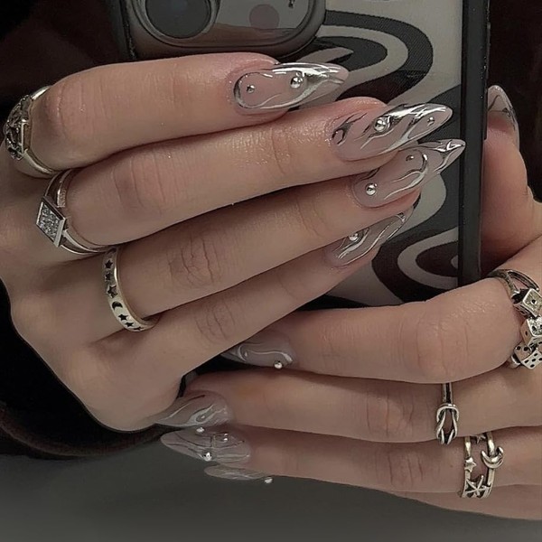BABALAL Almond Press on Nails Medium Fake Nails Sliver swirl