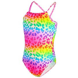 Girls Swimsuit Size 7-8 Years Old Rainbow Leopard Print One Piece Halter Bathing Suits Quick Dry UPF 50+ Swimwear