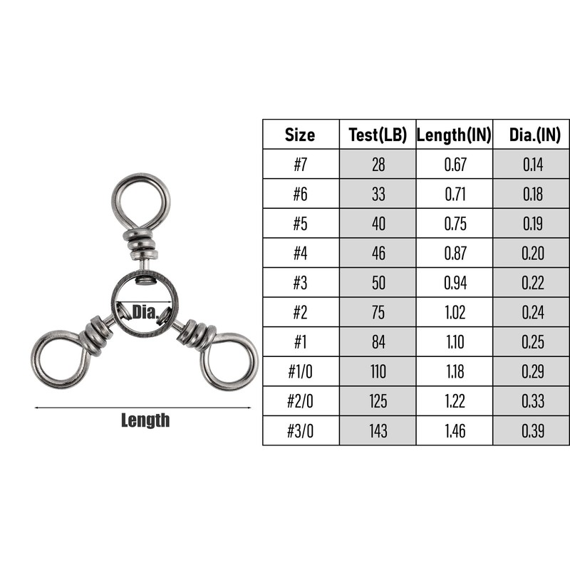 Alwonder 100 Pk Stainless Steel 3-Way Fishing Swivels, 56Lb