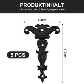 Pack of 4 Antique Hinges, Black Retro T-Hinge Vintage Cabinet Hinge with Mounting Screws, Furniture Hinges Door Hinges for Cupboard, Drawer Door, Bookshelf, Wooden Box