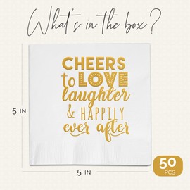 Servilletas Cheers To Love Laughter and Happily Ever After – 50 servilletas de boda gruesas de 3 capas con estampado de lámina dorada, suministros de boda, servilletas de ensayo, servilletas de compromiso, cóctel (blanco)
