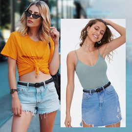 WHIPPY Women Skinny Leather Belt Thin Waist Jeans Belt for Pants in Pin Buckle Belt, Black, Pants Size 36-41 inches