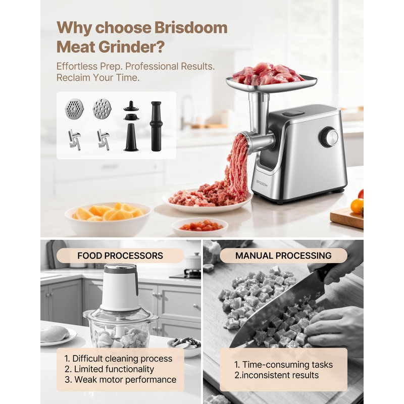 3000W Electric Meat Grinder 3-in-1 with High-Efficiency Copper Motor, Auto-Reverse