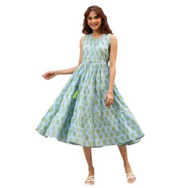 Janasya Women's Summer Dresses for Women 2025 Pure Cotton Light Blue Paisley Sleeveless Casual Midi Dress