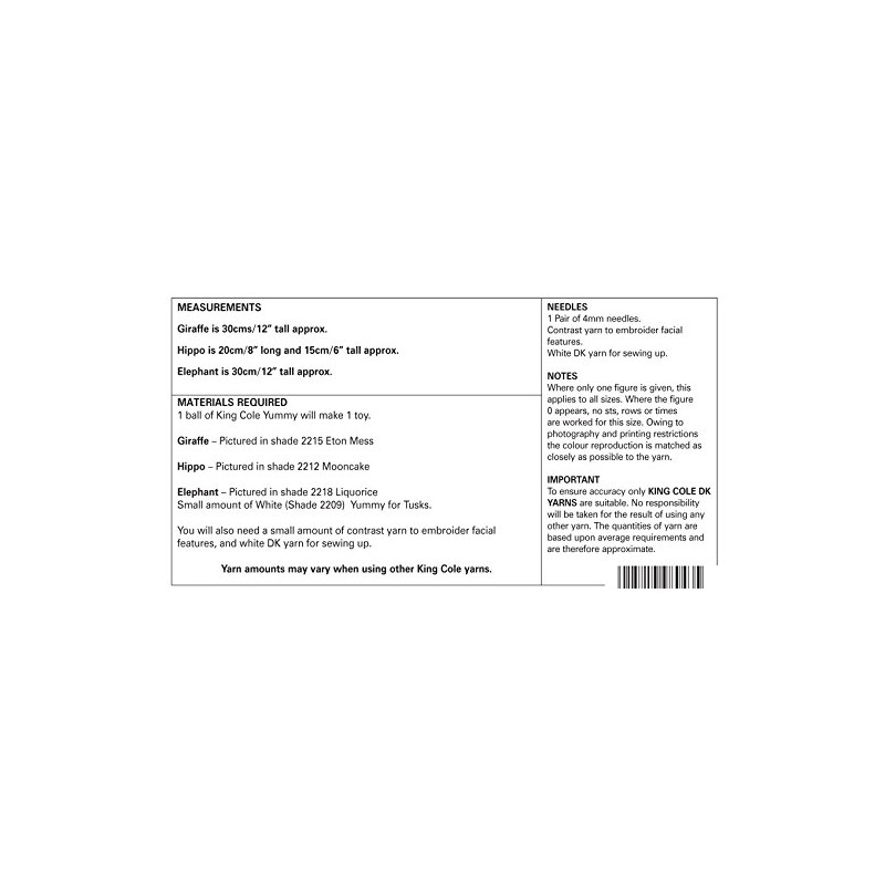 King Cole Giraffe, Hippo & Elephant Cuddly Toys Knitting Pattern