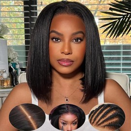 KLAIYI Yaki Straight Bob Wigs Human Hair Bye Bye Knots Glueless Wig Pre Cut 7x5 Lace Front Wig Pre Beached Pre Plucked 3S Ready to Wear and Go Wig Light Yaki HD Transparent Lace Short Bob 150% 12Inch