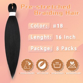 Braiding Hair Pre Stretched 16 Inch 8 Packs Professional Synthetic Braiding Hair for Box Braids/Twists/Crochet Braids No Itch Hot Water Setting Soft Yaki Texture (1B#)