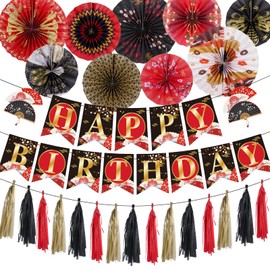 FodeMoraka Hibachi Birthday Party Decorations - 12 Pcs Japanese Style Banner Garland Round Paper Fans Tassels Set Plum Dragon Asian Theme Supplies Favors for Adults Men Women Wall Ceiling Decor