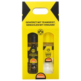 BVB x Ostmann Spice Mill Set | Unground Sea Salt and Whole Black Pepper in the Borussia Dortmund Fan Edition | BVB Spices to Give as a Gift | 130 g Salt / 60 g Pepper