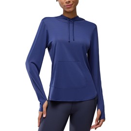 Women's Rash Guard Long Sleeve UV Sun Protection Shirts with Kangaroo Pocket Hoodie UPF 50+ Lightweight SPF Tops for Hiking Dark Blue L