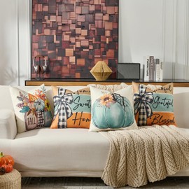 Volcanics Set of 4 Fall Pumpkin Throw Pillow Covers 20x20, Autumn Harvest Floral Cushion Cases with Home Sweet Home, Thankful Grateful Blessed Quotes for Farmhouse Sofa Couch Decorations