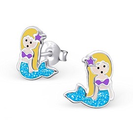 Glitter Blue Mermaid Stud Earrings 925 Real Silver Earrings Girls Children, Sterling Silver Sterling silver enamel, No Gemstone