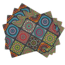 Giwawa Boho Mandala Placemats, Mexican Ethnic Traditional Pattern with Geometric Plaids, Bohemian Flower Washable Linen Table Place Mats Set of 4 for Dining Kitchen Party, 12"x18"
