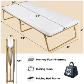 MAMIZO Folding Bed 75" x 31", Rollaway Bed with Mattress for Adults,Foldable Bed,Portable Bed,Metal Bed Frame with Memory Foam Mattress, Guest Bed for Bedroom,Office,Camp,No Assembly Required,Gold