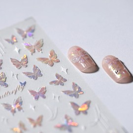 5D Embossed Butterfly Nail Stickers - 1 Pcs Shell Light Pink Butterfly Nail Art Decals Self-Adhesive Laser Butterfly Supplies Kawaii Stickers Design Spring Nail Sticker Decor for Women