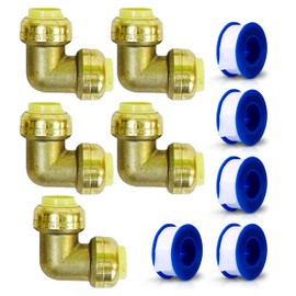 3/4" Push Fit Elbow Connection Fittings - Brass Plumbing Connectors for PEX, Copper, PVC Tubes & Pipes, Quick Connect, Bite Adapter, Slip Reducer, Valve Tool, Water Line Saver, Expansion - 5 Pack