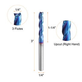 sourcing map Spiral Router Bit 1/4" Cut Dia 1/4" Shank Up Cut Blue Nano Coated Solid Carbide 3 Flutes CNC End Mill Milling Bits for Wood Plastic Soft Metal (1-1/4" Cut Length 3" Long)