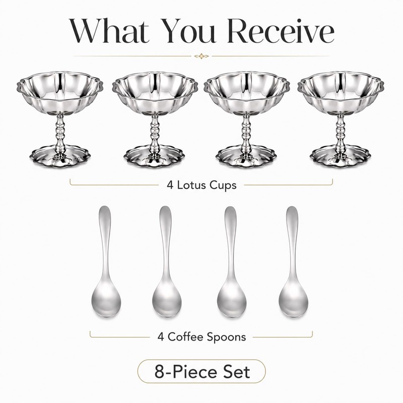 4 Pcs Ice Cream Cups Set with Spoons, Vintage Stainless