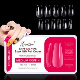 Gelike Soft Gel Full Cover Tips Kit for Soak Off Nail Extensions, 550 Pcs Clear Medium Coffin Jelly Tips False Press on Nails, 11 Sizes
