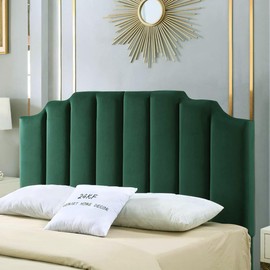 24KF Jade Velvet Tufted Queen Upholstered Headboard, Modern Vertical Channel Design California Queen/Full Headboard with Stepped Silhouette Top Edge,Jade