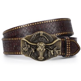 LEACOOLKEY Western Leather Belt for Men Women Cowboy Cowgirl Belt with Removable Buckle Vintage Adjustable Strap for Jeans