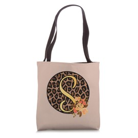 Leopard Print Floral Monogram S Letter Initial Cheetah Women Tote Bag