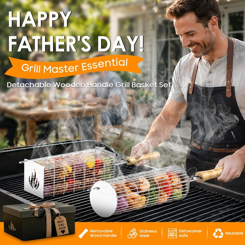 TNTOR Rolling Grill Basket, Larger 304 Stainless Steel Nesting Grilling