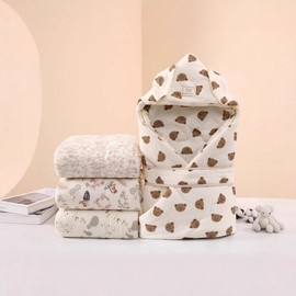 Pure Cotton Double-Layer Gauze Hooded Swaddle for Newborns, All Seasons 90x90cm/Squirrel Playground 3ea