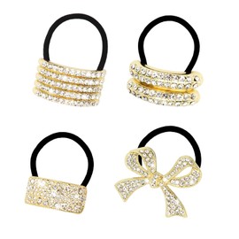 YISSION 4 Pcs Sparkly Rhinestone Hair Ties Gold Ponytail Holder Elastics Scrunchies Fancy Crystal Hair Ties for Thin Thick Hair Rhinestone Hair Accessories for Women Girls (4 Shapes)
