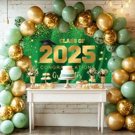 Mocsicka 2025 Graduation Party Backdrop Class of 2025 Green Gold Glitter Background Congratulations Graduates Party Decoration Banner Photo Booth Props (7x5ft)