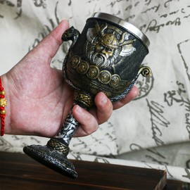 Medieval Viking Odin wine goblet - Norse Viking Warrior Dragon ship metal goblet chalice Viking Pirate Fans gifts Themed Party Decoration 7oz Stainless Steel Cup Drinking Vessel
