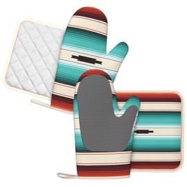 DYCBNESS Mexican Serape Turquoise Oven Mitts Pot Holders Set Silicone Boho Ethnic Striped Kitchen Oven Mitts Heat Resistant Potholders Non-Slip 4pcs Hot Pads and Oven Gloves Sets for Cooking,Grilling