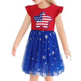 tagyum Toddler Girls 4th of July Outfit White and Blue Tulle Tutu Dress Toddler Kids American Flag Star Print Dress 3T 4T