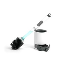 REDANT - Juego de escobilla y soporte de inodoro, cepillo para polvo de silicona para inodoro/limpiador, suministros de limpieza de baño reutilizables con dispensador de limpiadores, a prueba de goteo