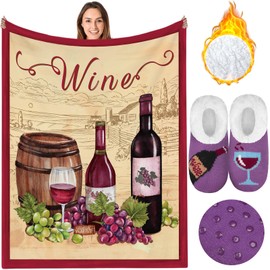 Buryeah 2 Pack Wine Blanket and Slipper Socks Wine Lovers Gift Set - 50"x60" Soft Flannel Throw Blanket Fuzzy Warm Slipper Socks with Non Slip Sole, Spring Mother's Day Accessories Gift for Women