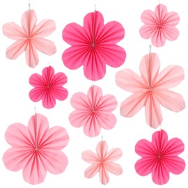 9 Pcs Pink Paper Fans Decorations Light Pink Paper Fans Hanging Ornaments Papers Floral Backdrop Decor for Wedding Birthday Party Engagement Baby Showers Rose Red 13.5/10.2/8 inches
