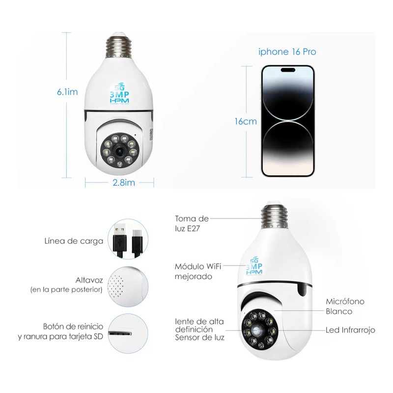 5g Cámara De Seguridad Wifi De 360° Visión Nocturna Alarma