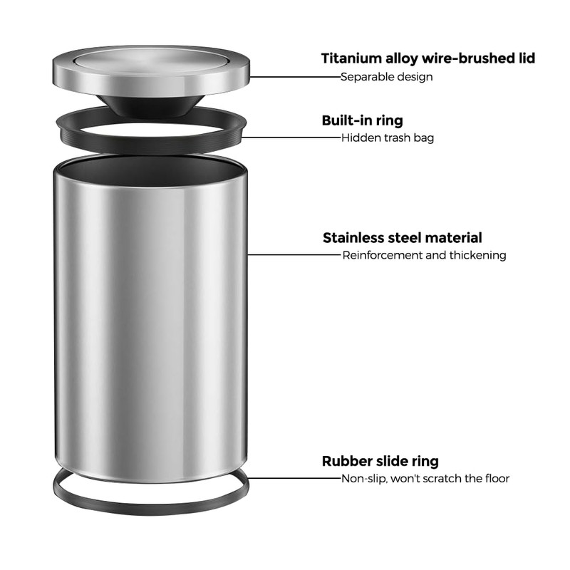 LEASYLIFE Brushed Nickel Bathroom Trash Can,Stainless Steel Garbage Can with