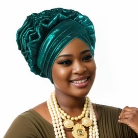 Nigerian headwear African headscarf,Auto Gele headband,hand wrap beaded - made for weddings parties events (Dark Green)